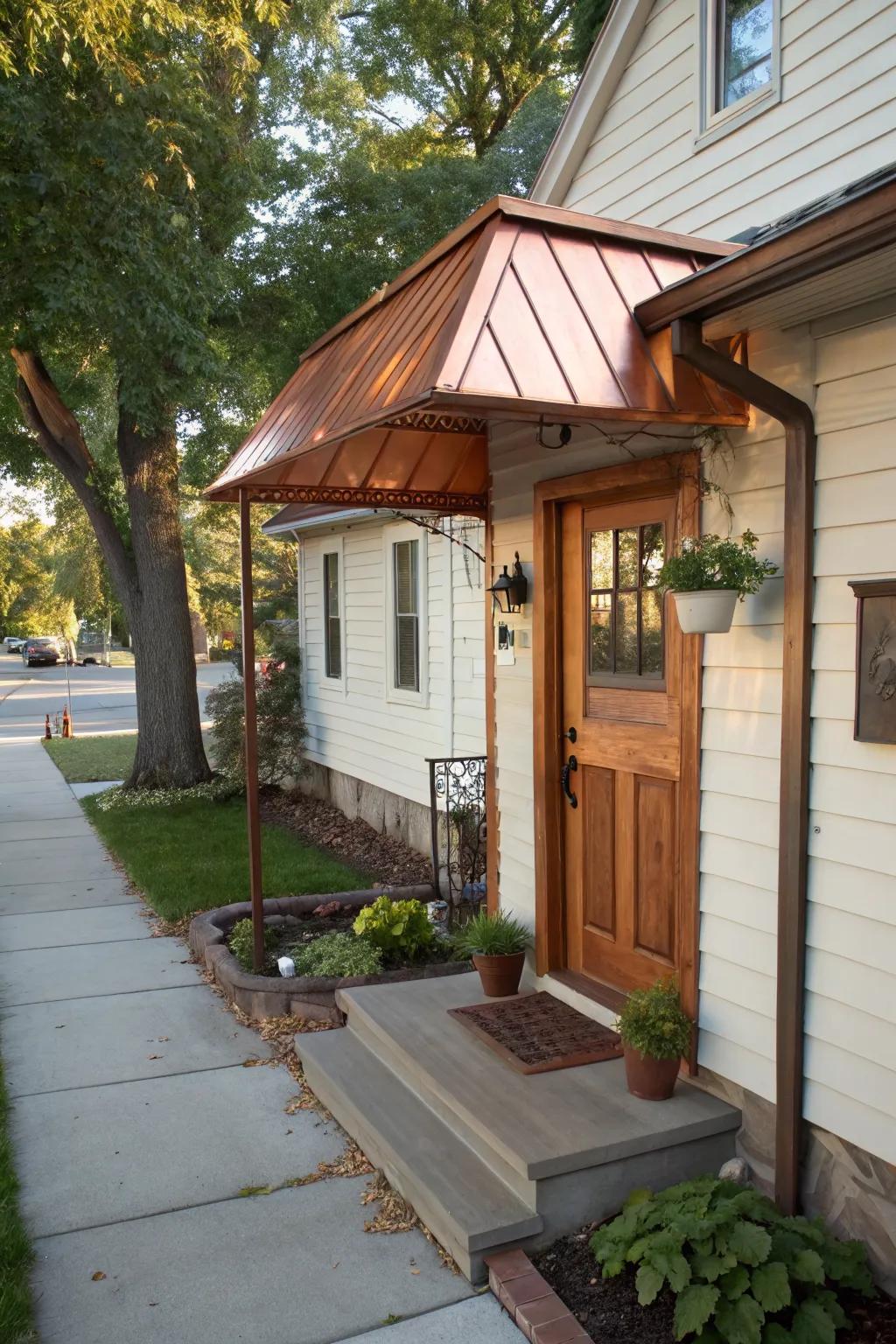 An elegant copper awning adds a touch of luxury.