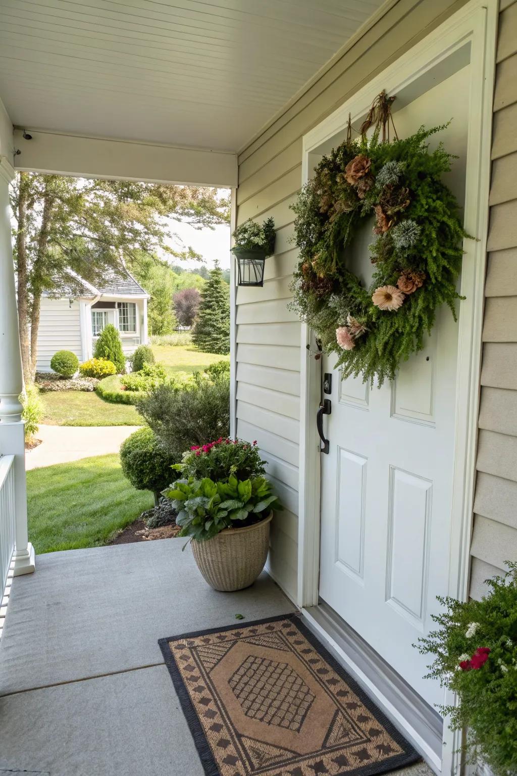 A unique wreath adds a welcoming focal point to your porch.