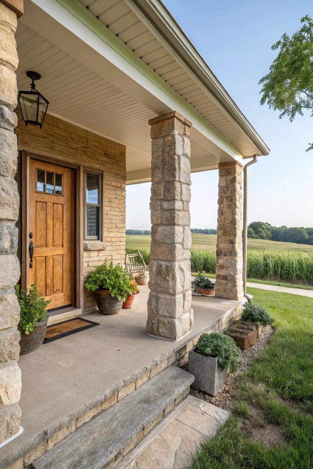 Natural stone columns add rustic elegance to this countryside porch.
