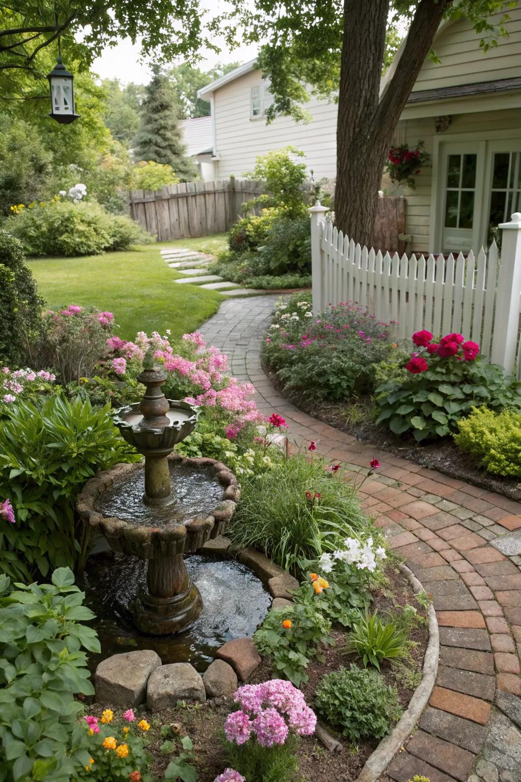 A mini water feature adds tranquility to a compact garden.