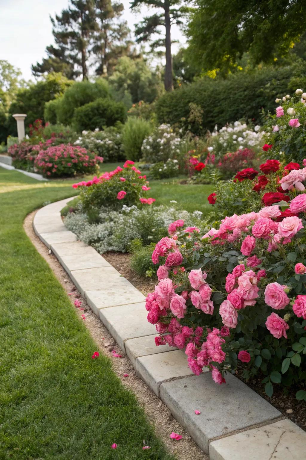 Groundcover roses elegantly used as edging in a garden.