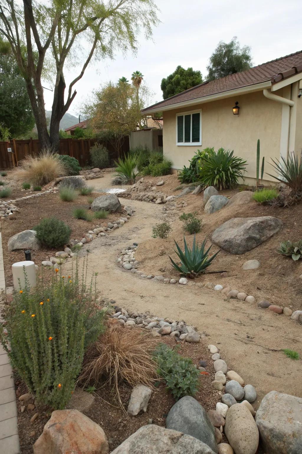 A dry creek bed adds natural charm.