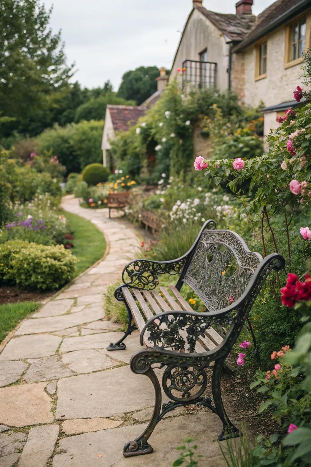 Romantic vintage ironwork bench in a quaint garden.