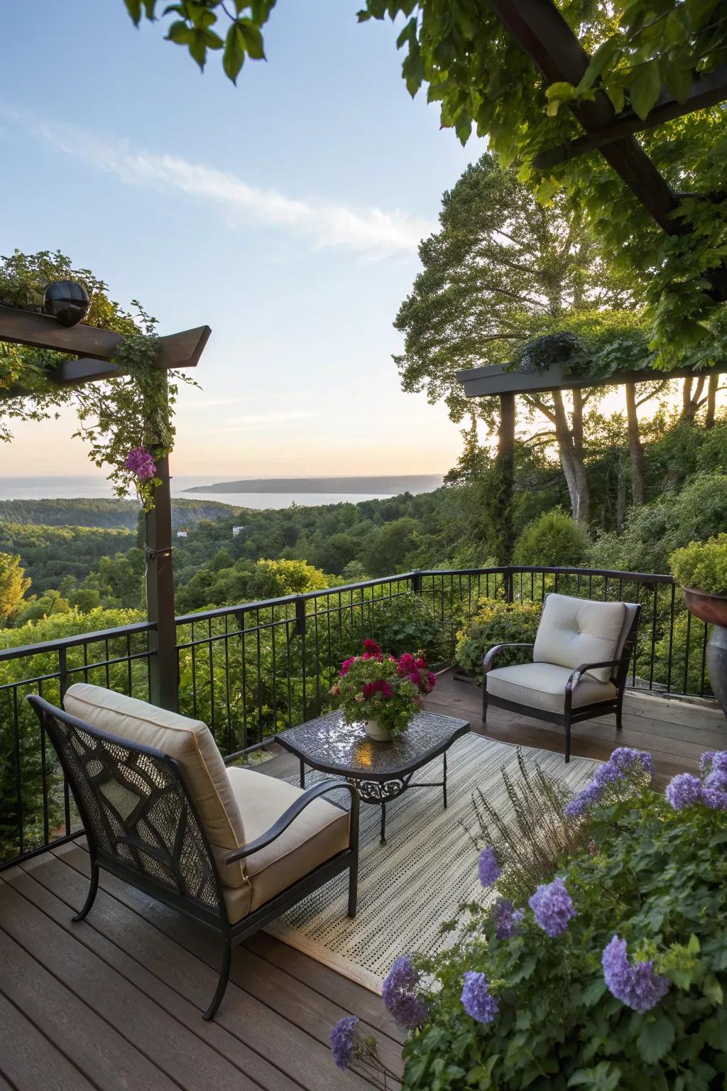 A stunning deck nook with views of the garden.