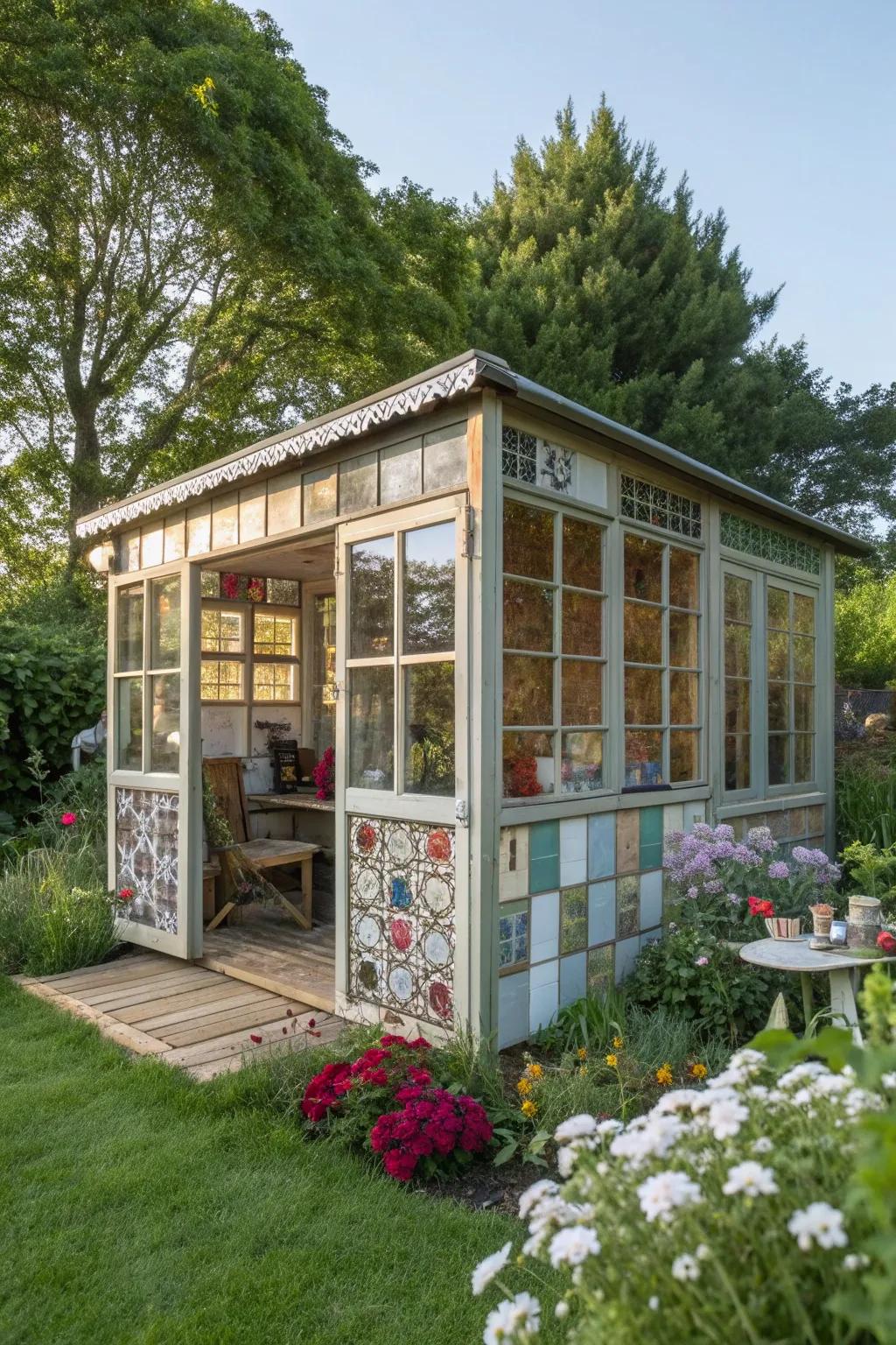 Reclaimed windows create a unique and light-filled office space.