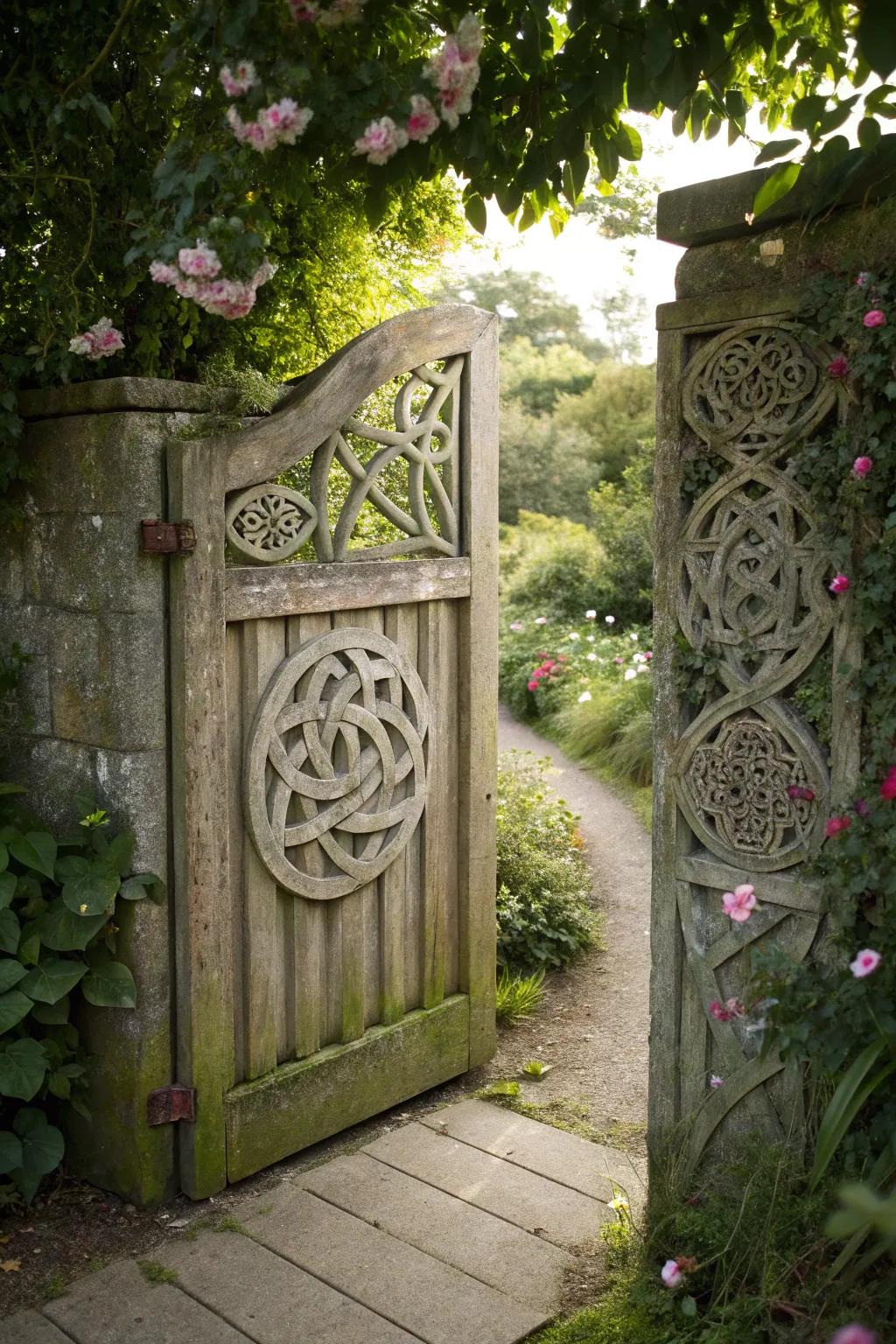 A garden gate with whimsical Celtic knot designs.