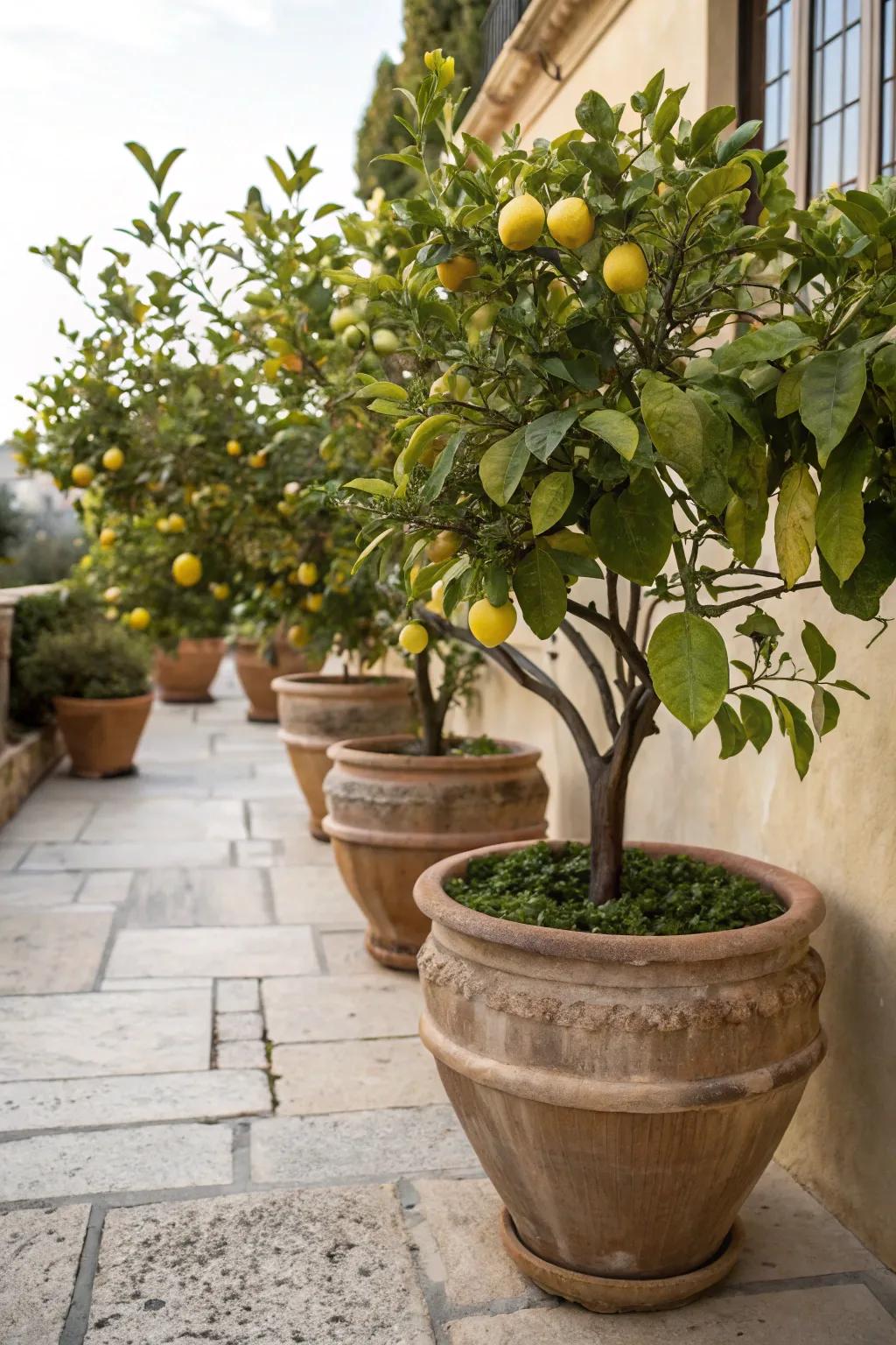 Lemon trees in large terracotta pots bring a Mediterranean vibe.
