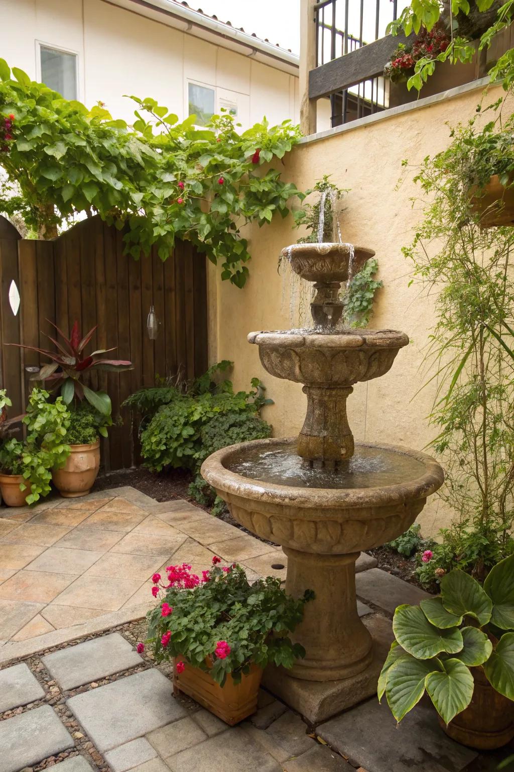 A water fountain adds serenity to a small Mediterranean patio.