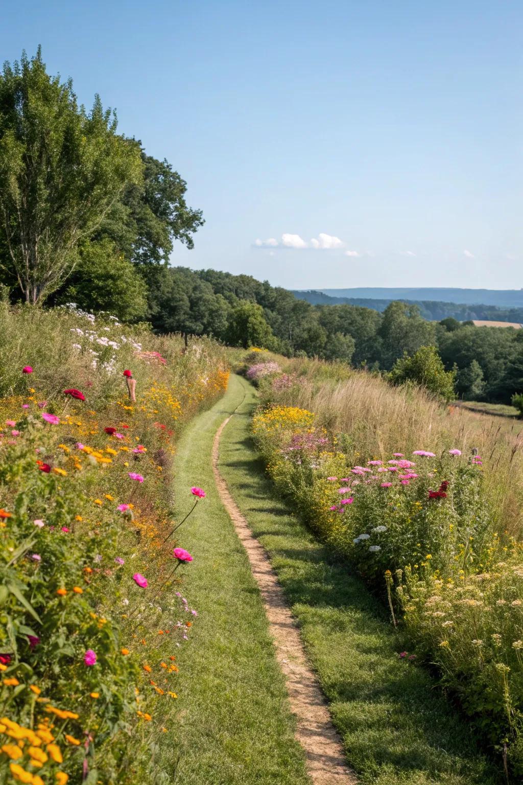 A charming mowed path through a wildflower garden.