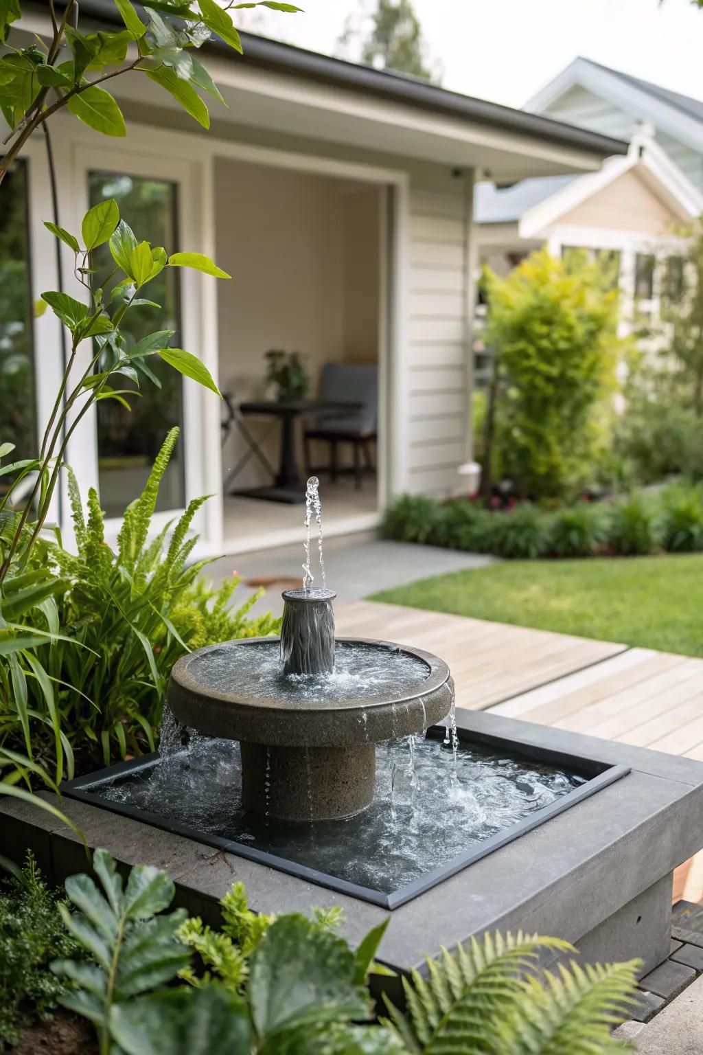 A water feature adds tranquility to a small patio.