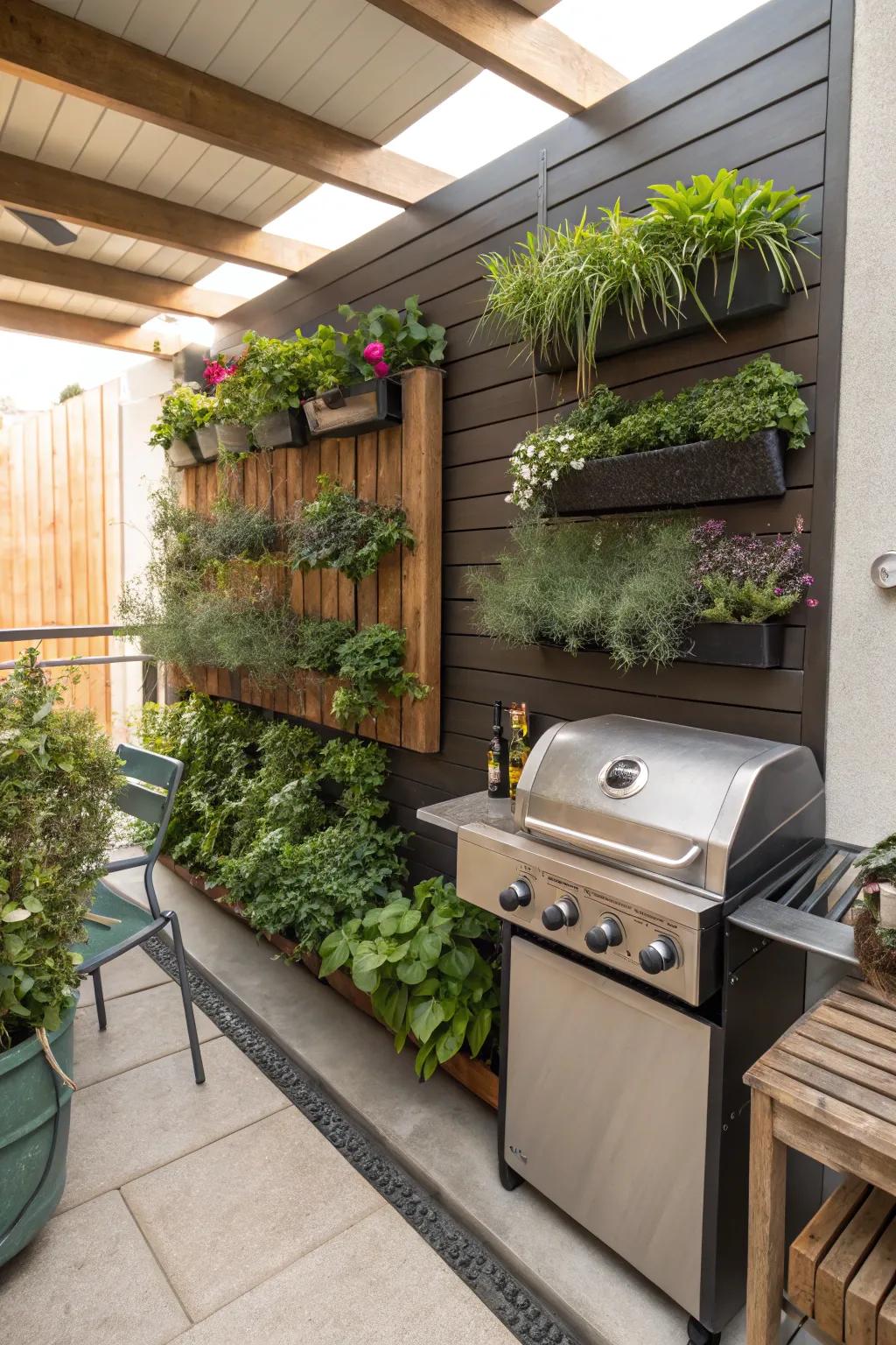 Vertical planters add a lush touch to a small BBQ area without using floor space.