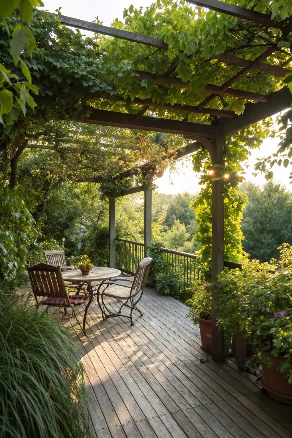 A shaded retreat with a pergola on a small deck.