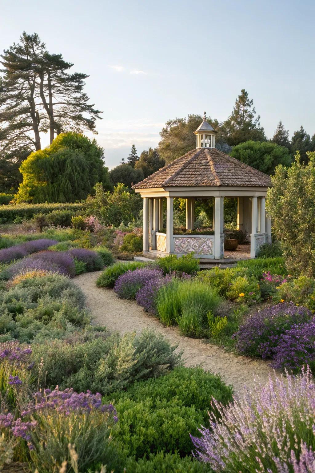 A pavilion surrounded by a fragrant herb garden.