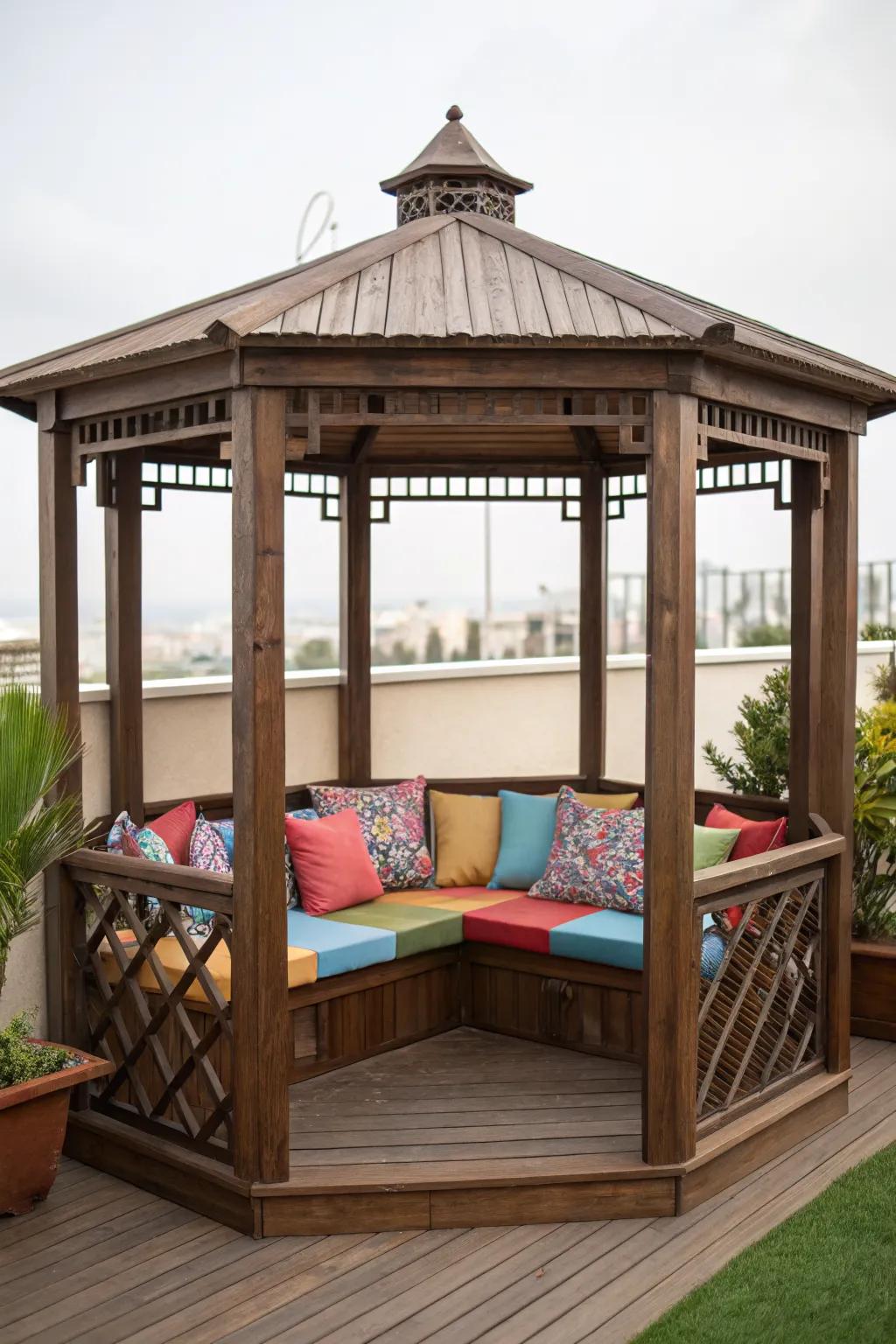 A built-in bench providing extra seating in a small patio gazebo.