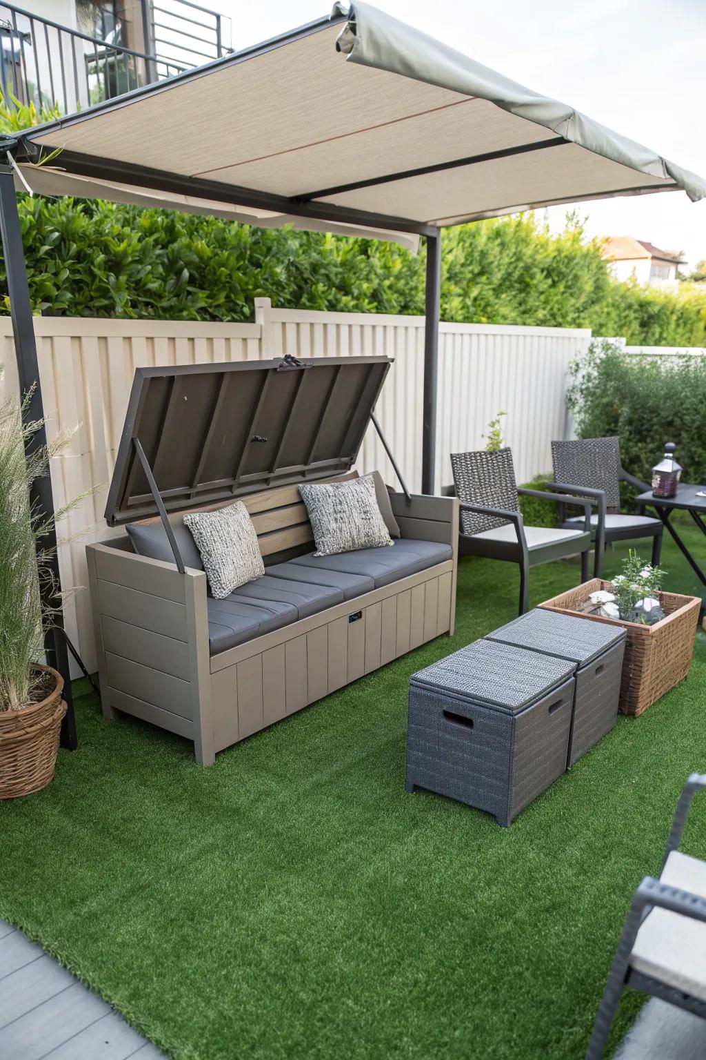 Multi-functional furniture maximizes patio space.