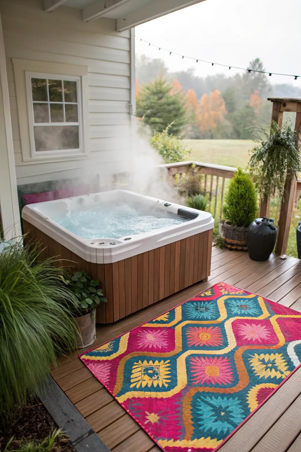 A bold rug adds personality and comfort to your patio.