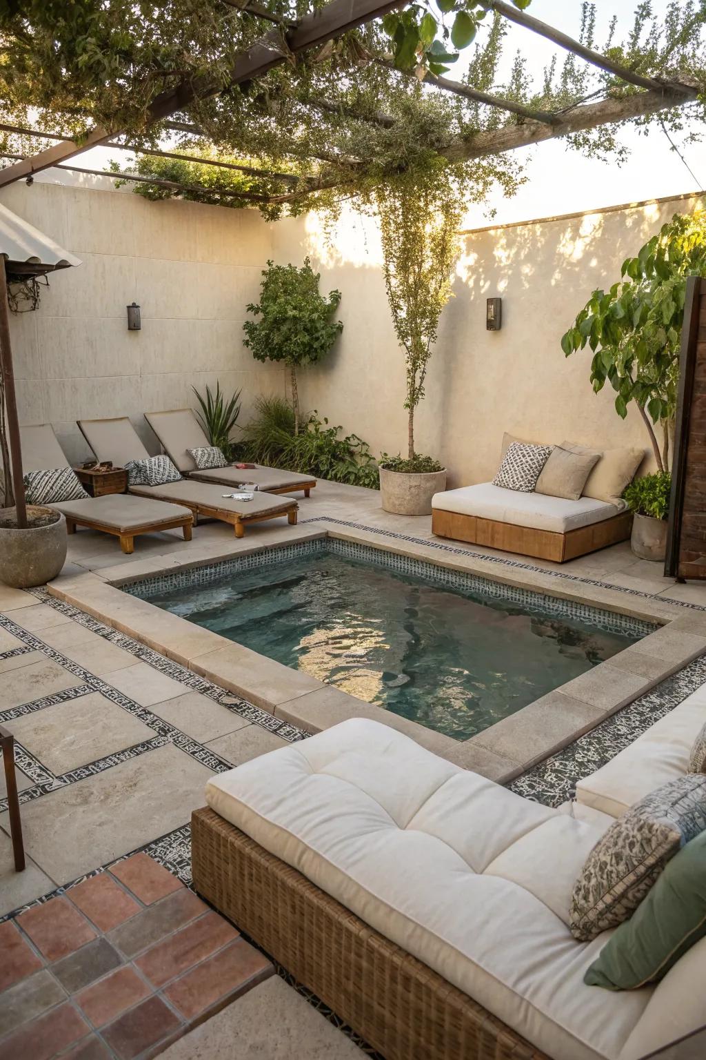 A sunken lounging spot offers a unique twist on poolside relaxation.