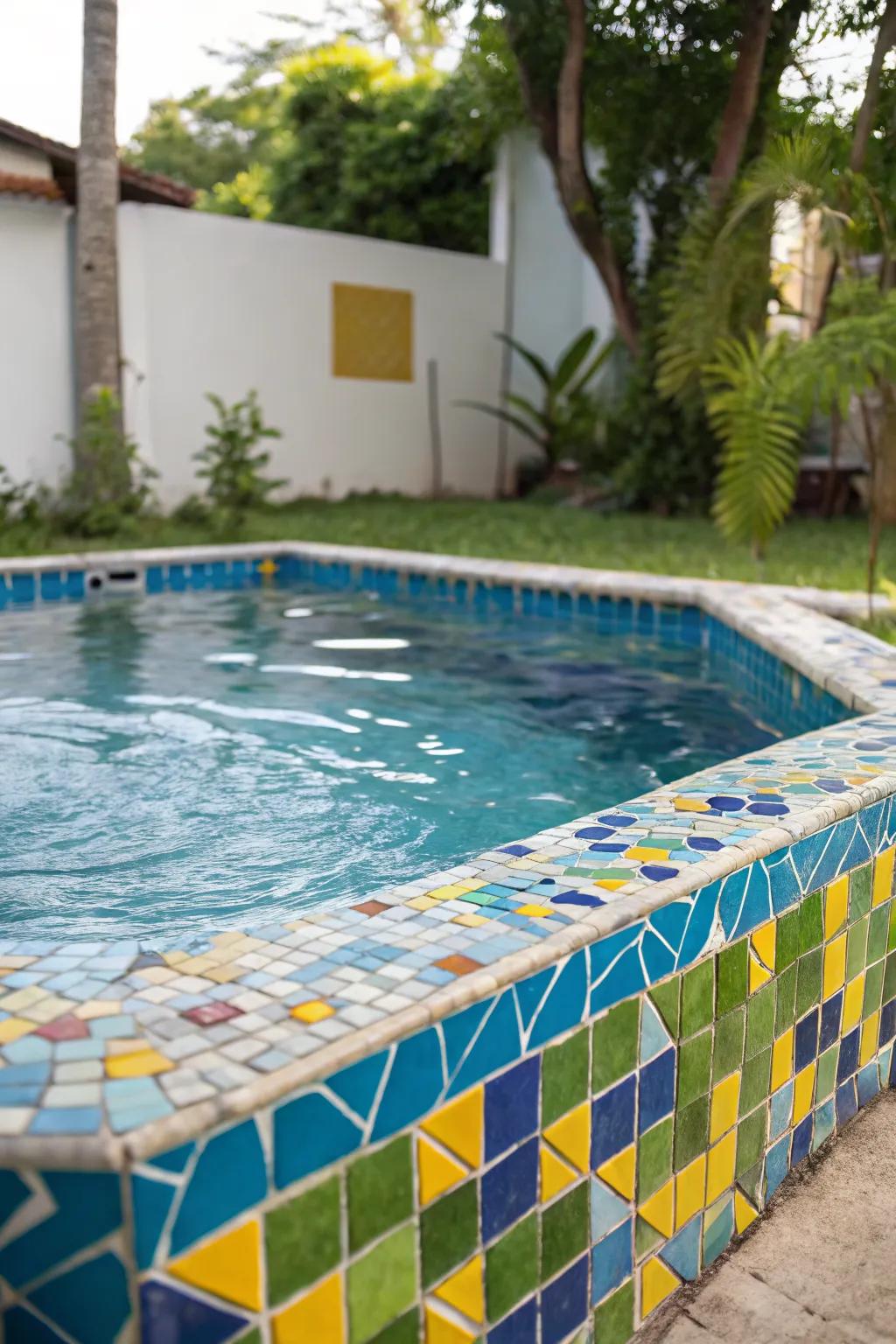 Mosaic tiles bringing vibrant color to a small pool.