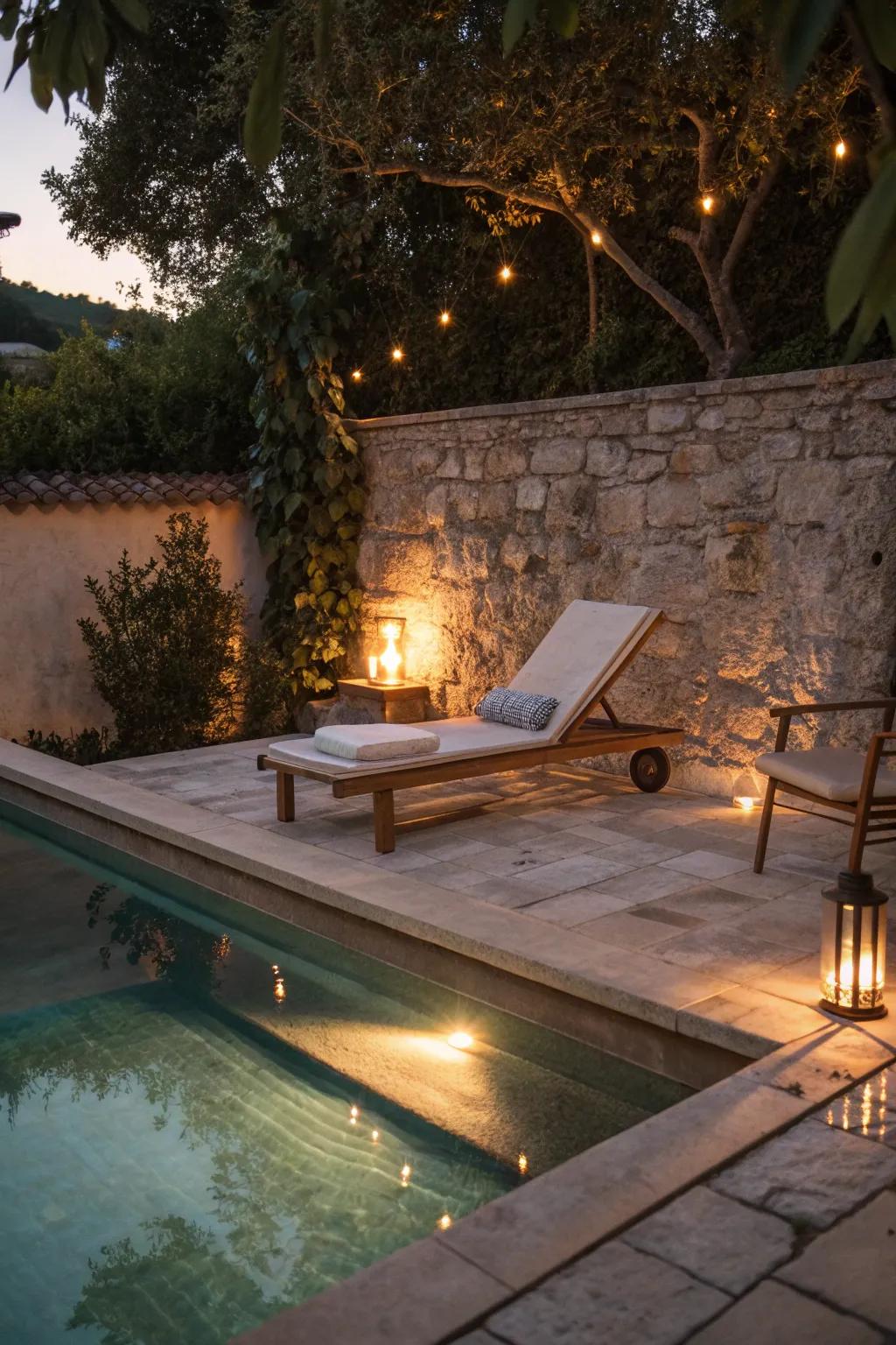 Ambient lighting turns the pool into a nighttime retreat.