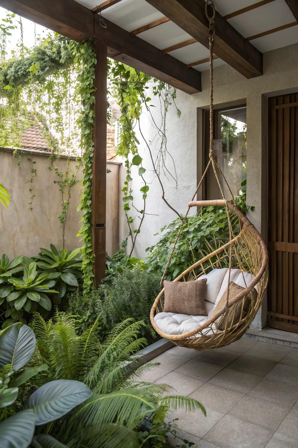 A swing chair adds a playful and relaxing vibe to your porch.
