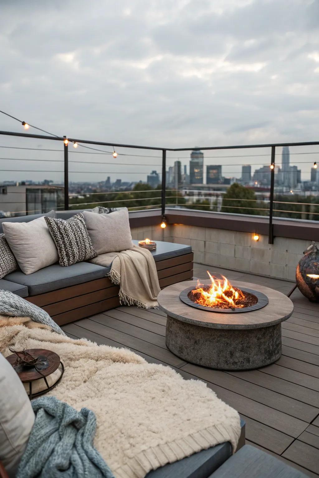 A fire pit creates a cozy gathering spot.