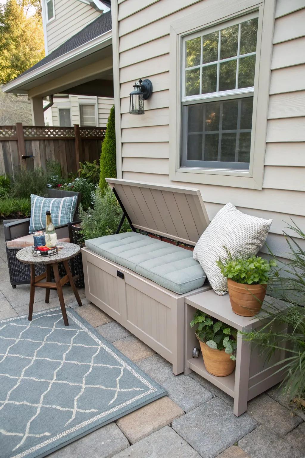 Space-saving multi-functional furniture on a small patio.