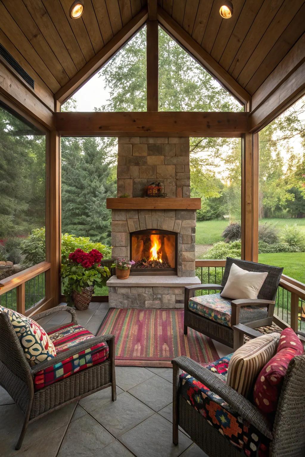 Colorful throws add warmth and a pop of color to the porch.