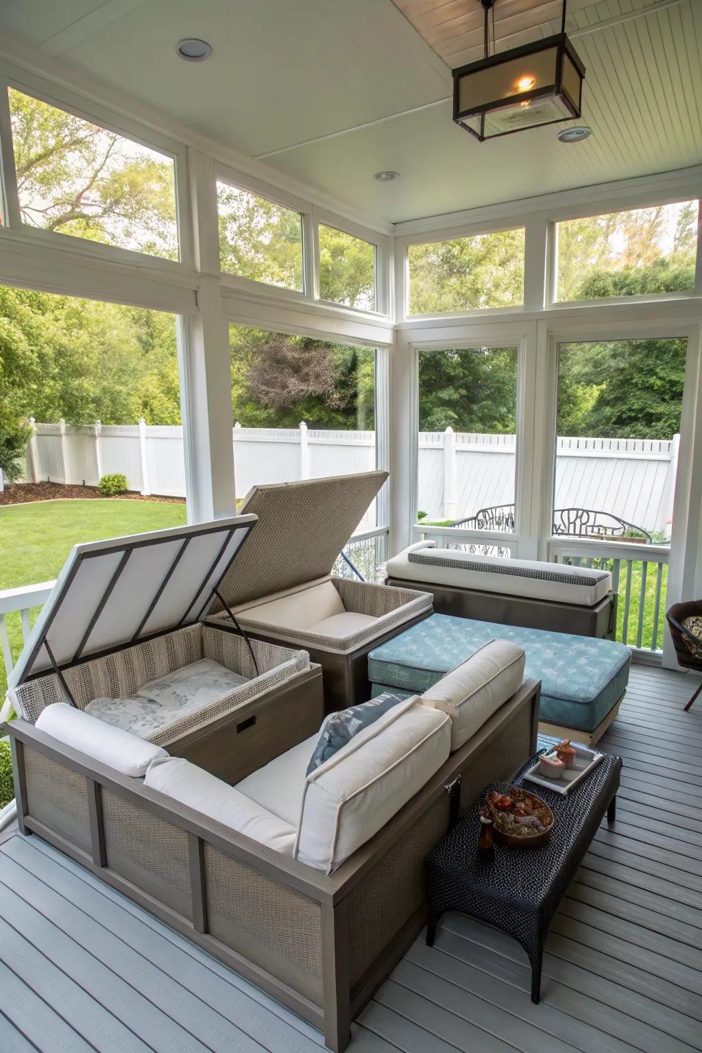Convertible furniture offers flexibility on a small screened porch.