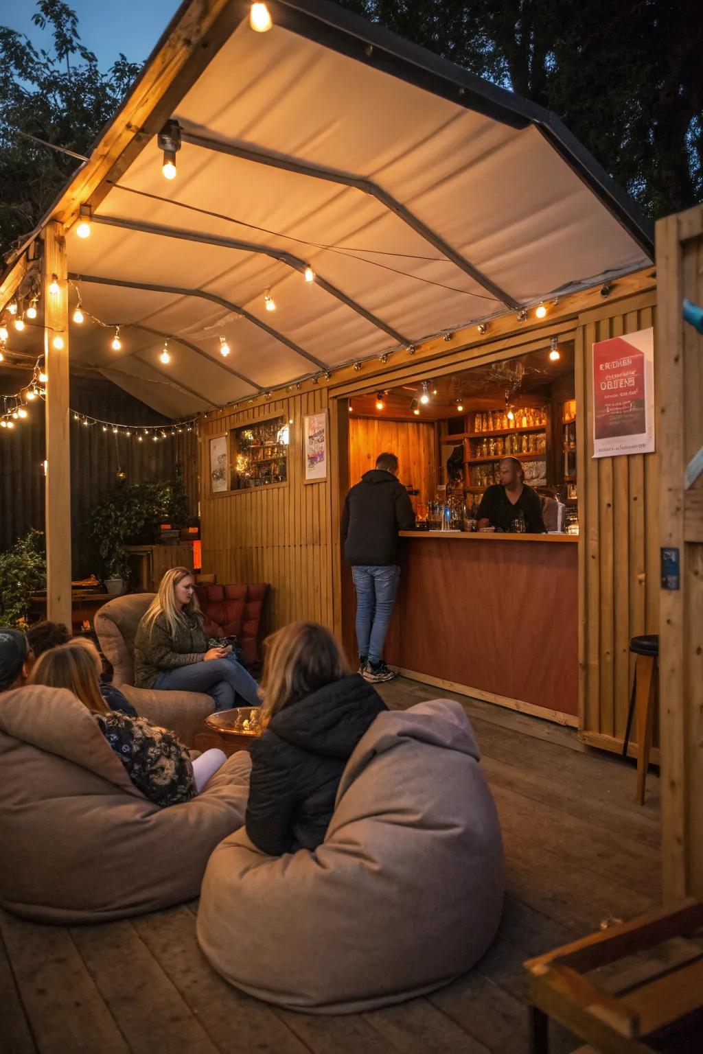 Comfortable seating makes your shed bar a cozy retreat.