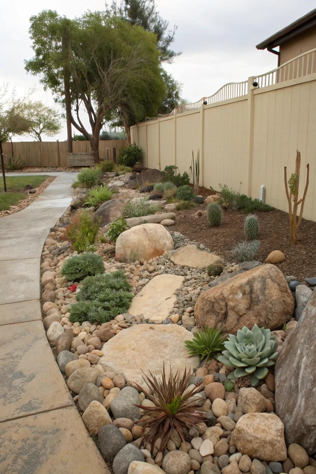 Rock gardens provide texture and a natural aesthetic.