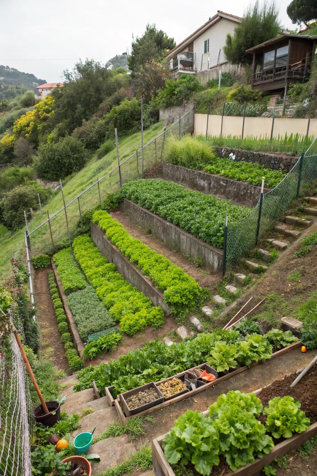 Transform your slope with productive terraced vegetable gardens.