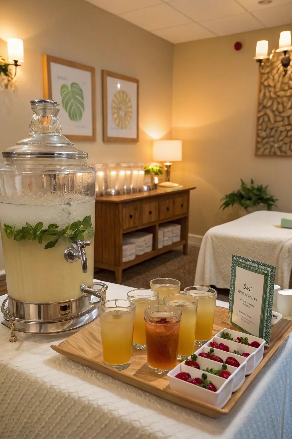 A refreshment station offers infused water and herbal teas.