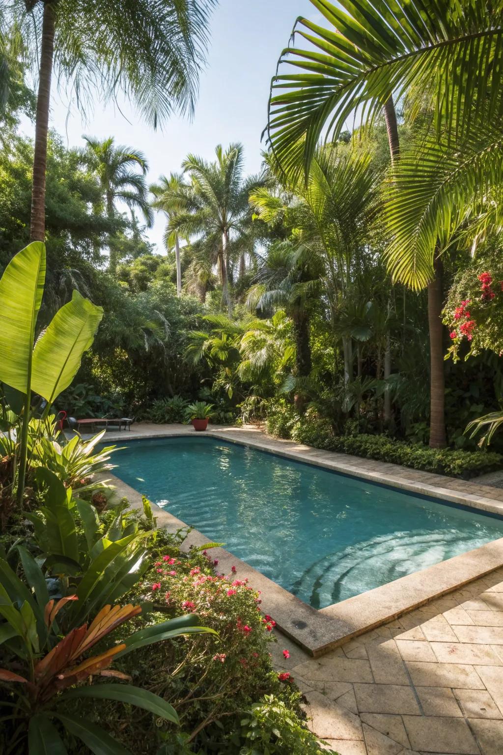 Tropical plants turn a splash pool into an exotic getaway.