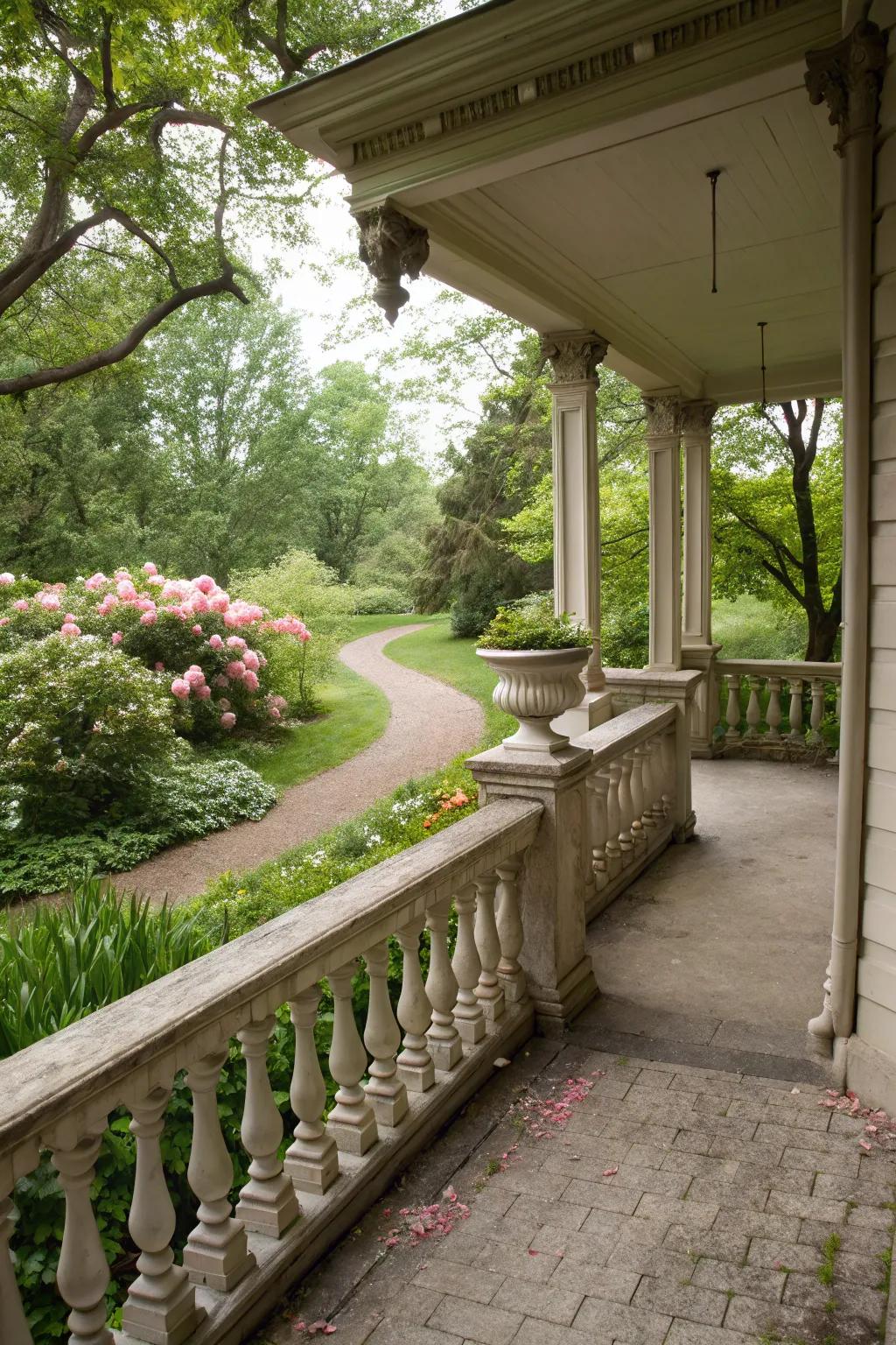 Elegant stone railings provide safety and style to the porch.