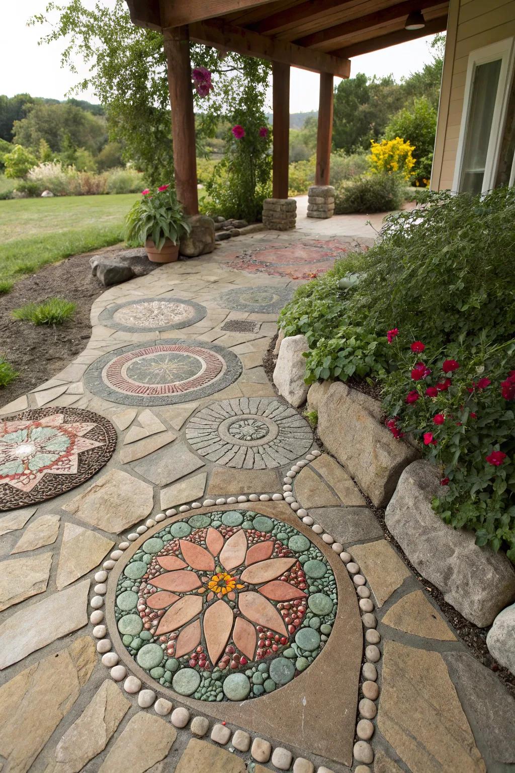 Unique stone arrangements add a personal touch to the patio.