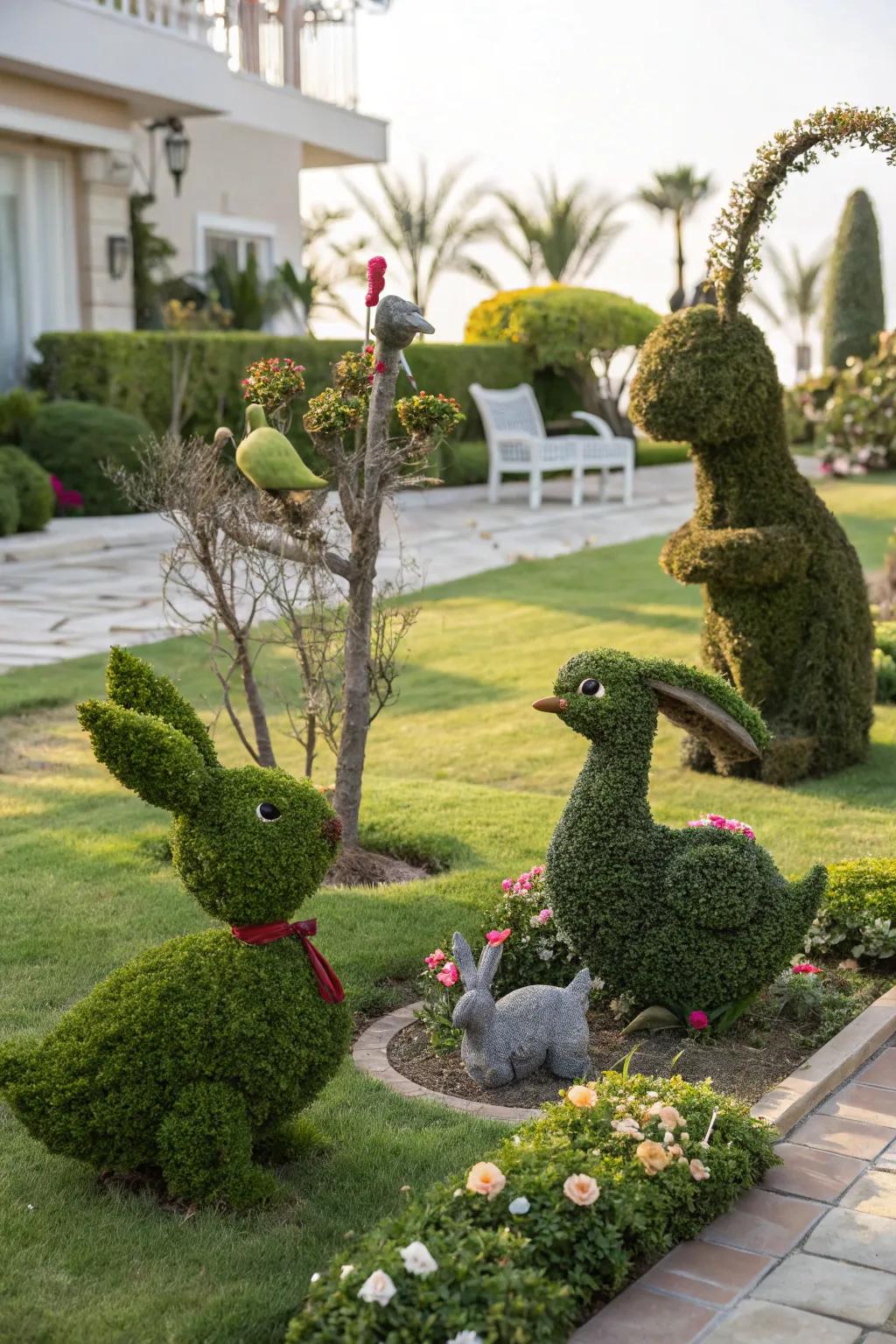 Whimsical topiary shapes add fun to the garden.