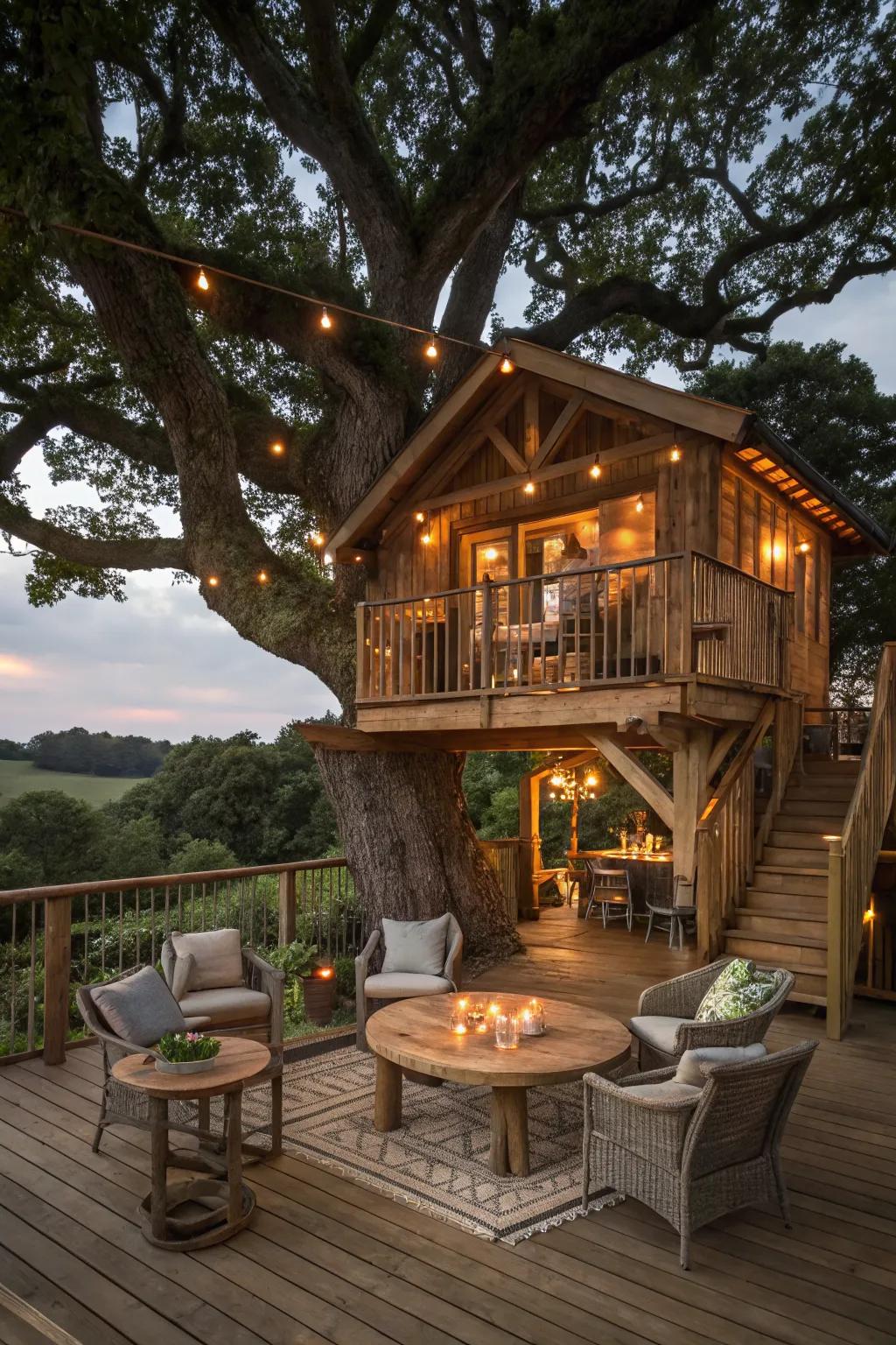 A tree house designed for family gatherings, with ample seating and space for picnics.