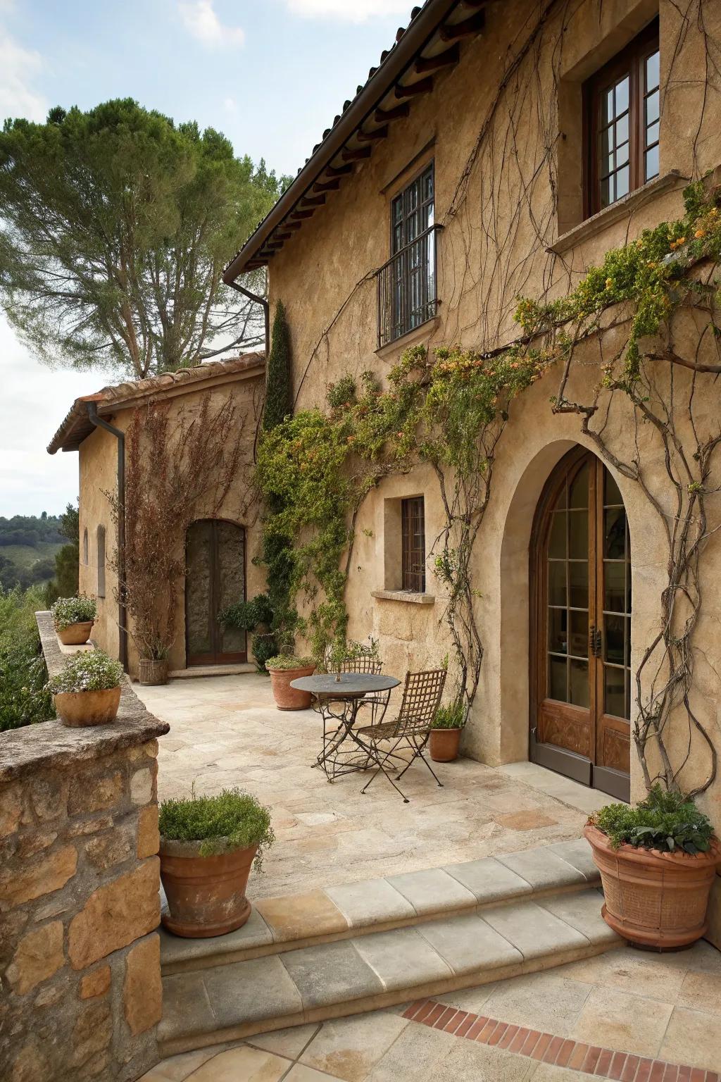 Textured surfaces add depth to this Tuscan patio.