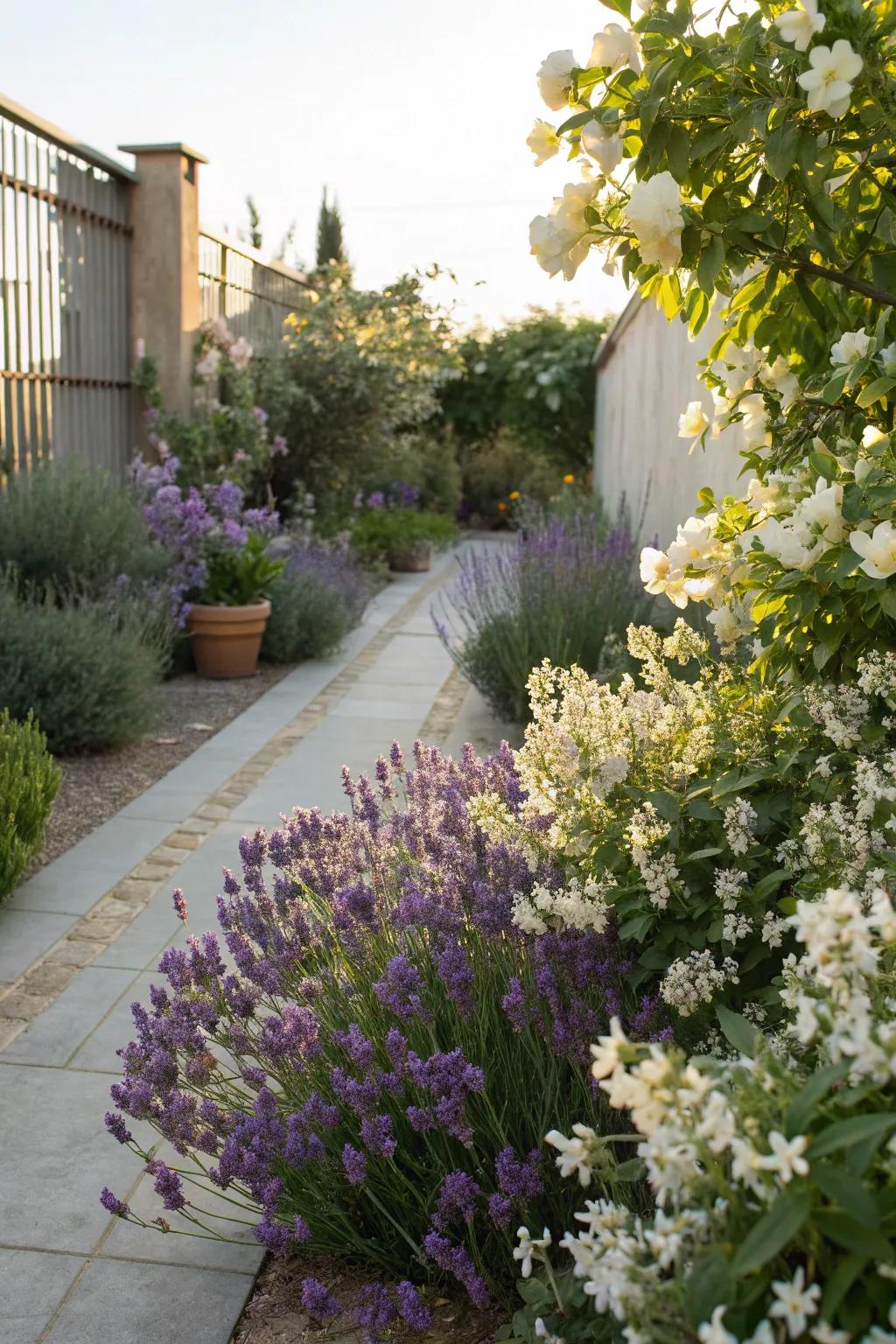 A fragrant garden blooming with lavender and jasmine