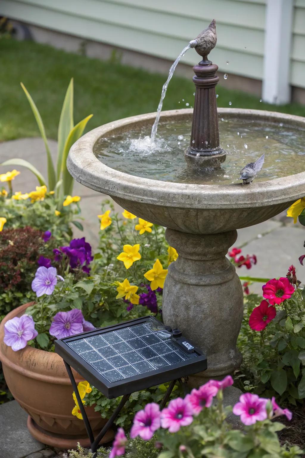 A solar-powered bird bath creating a wildlife haven.