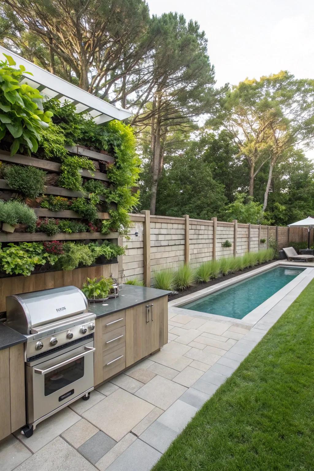Vertical gardens add lush greenery to limited spaces.