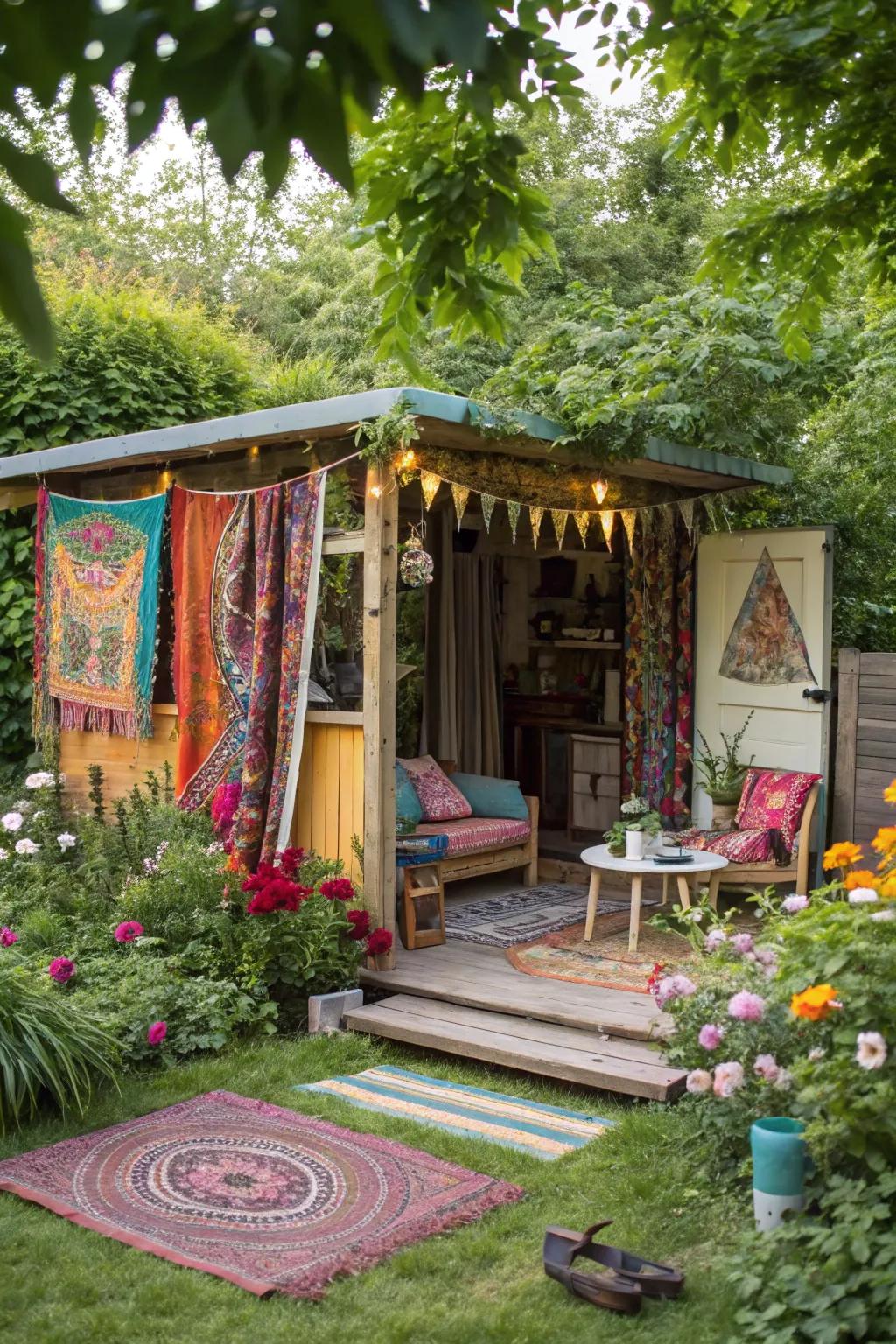 A bohemian vibes smoker shack, full of life and color.