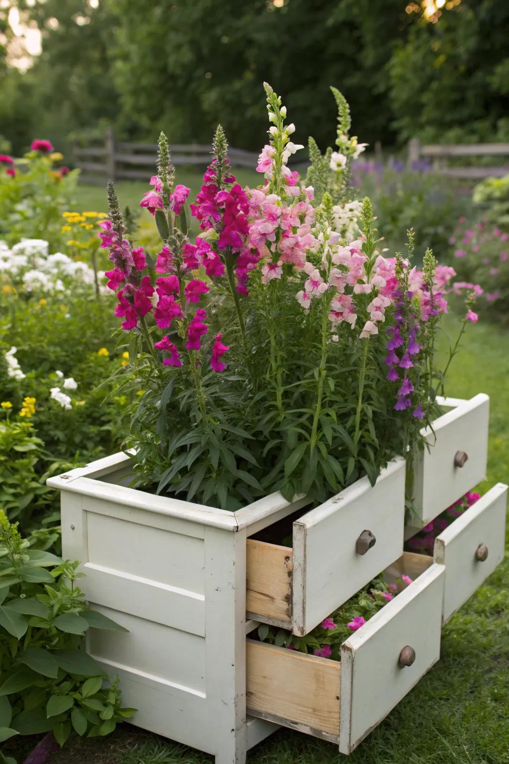 An old dresser creatively repurposed as a planter for snapdragons, adding quirkiness to the garden.
