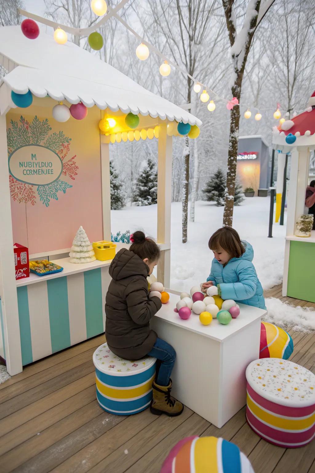 A playful and welcoming snowball stand setup for kids.