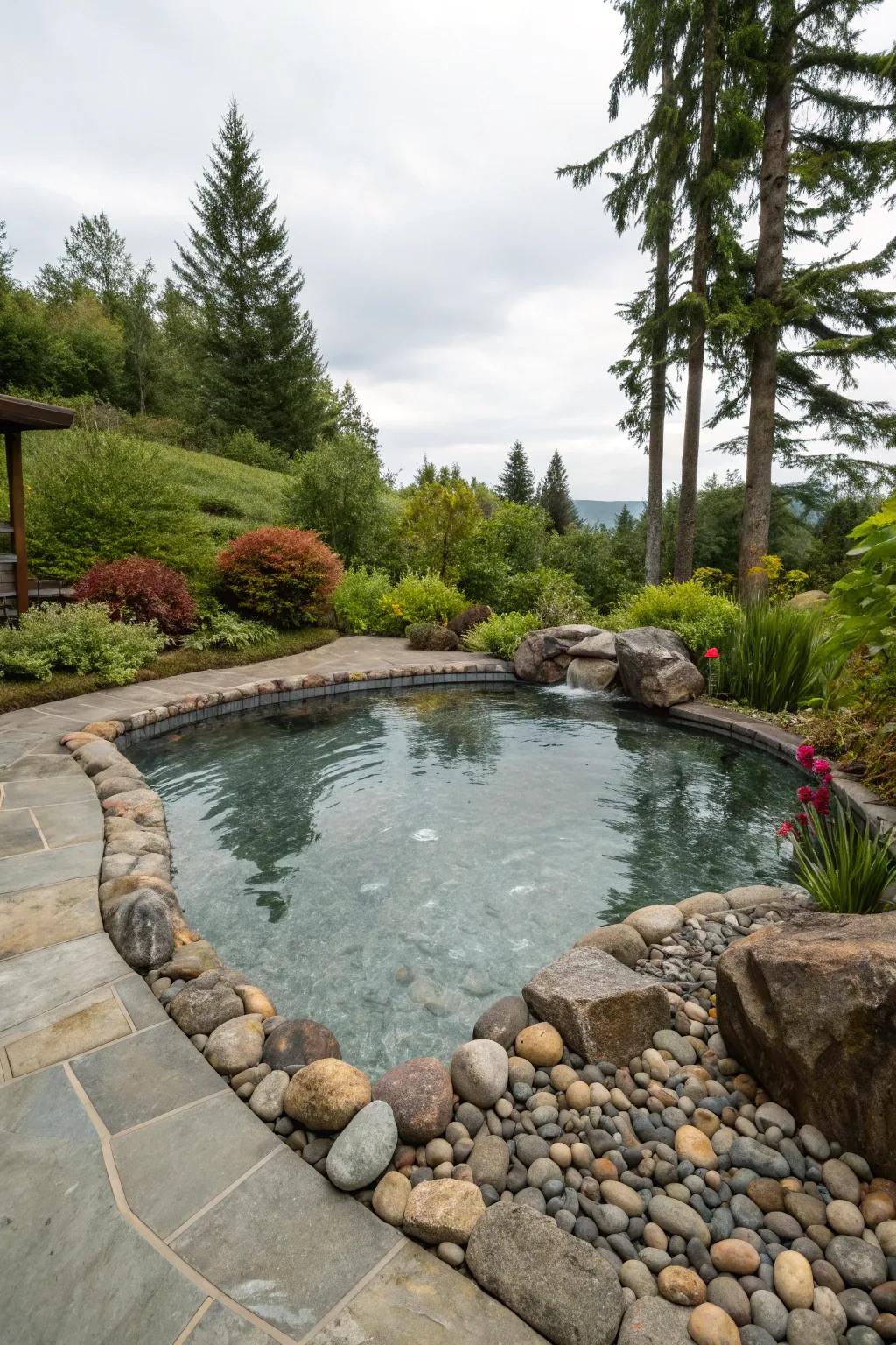 A soak pool with natural rock and pebble accents for added texture.