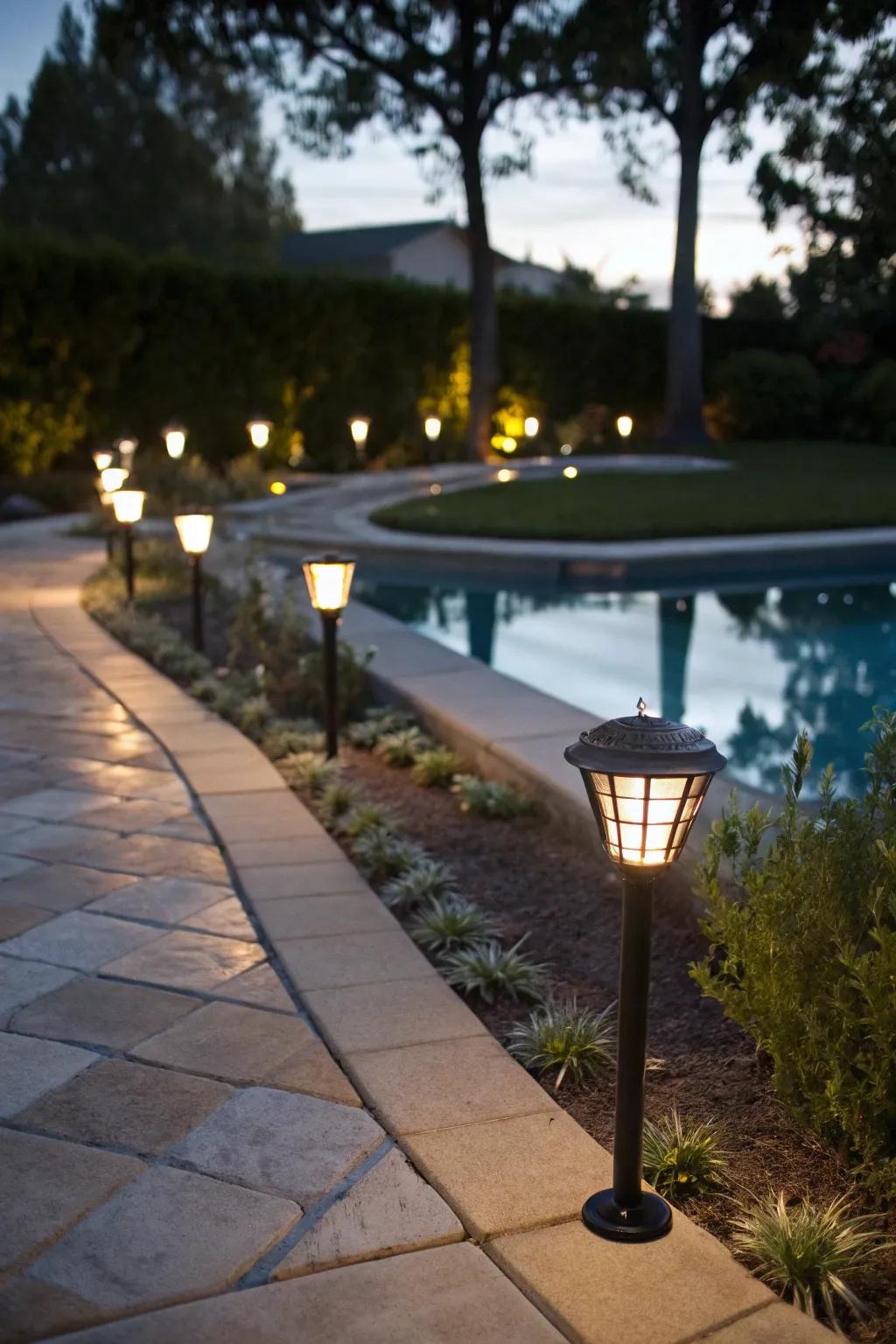 Solar pathway markers create a welcoming entrance