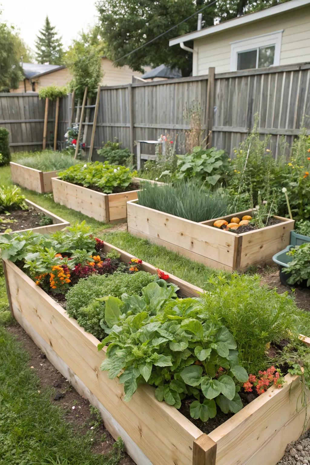 Raised garden beds offer convenience and charm to this backyard.