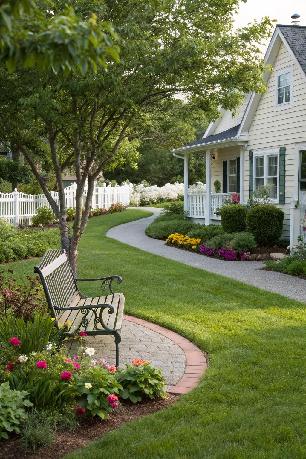 A welcoming garden bench in a Southern front yard.