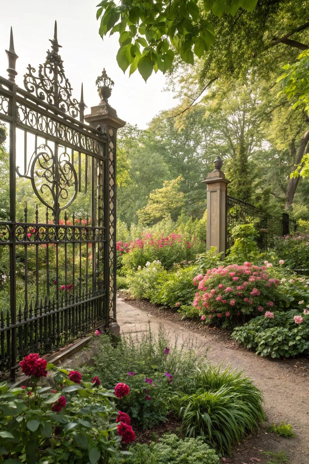 A classic wrought-iron fence adding elegance to the garden.