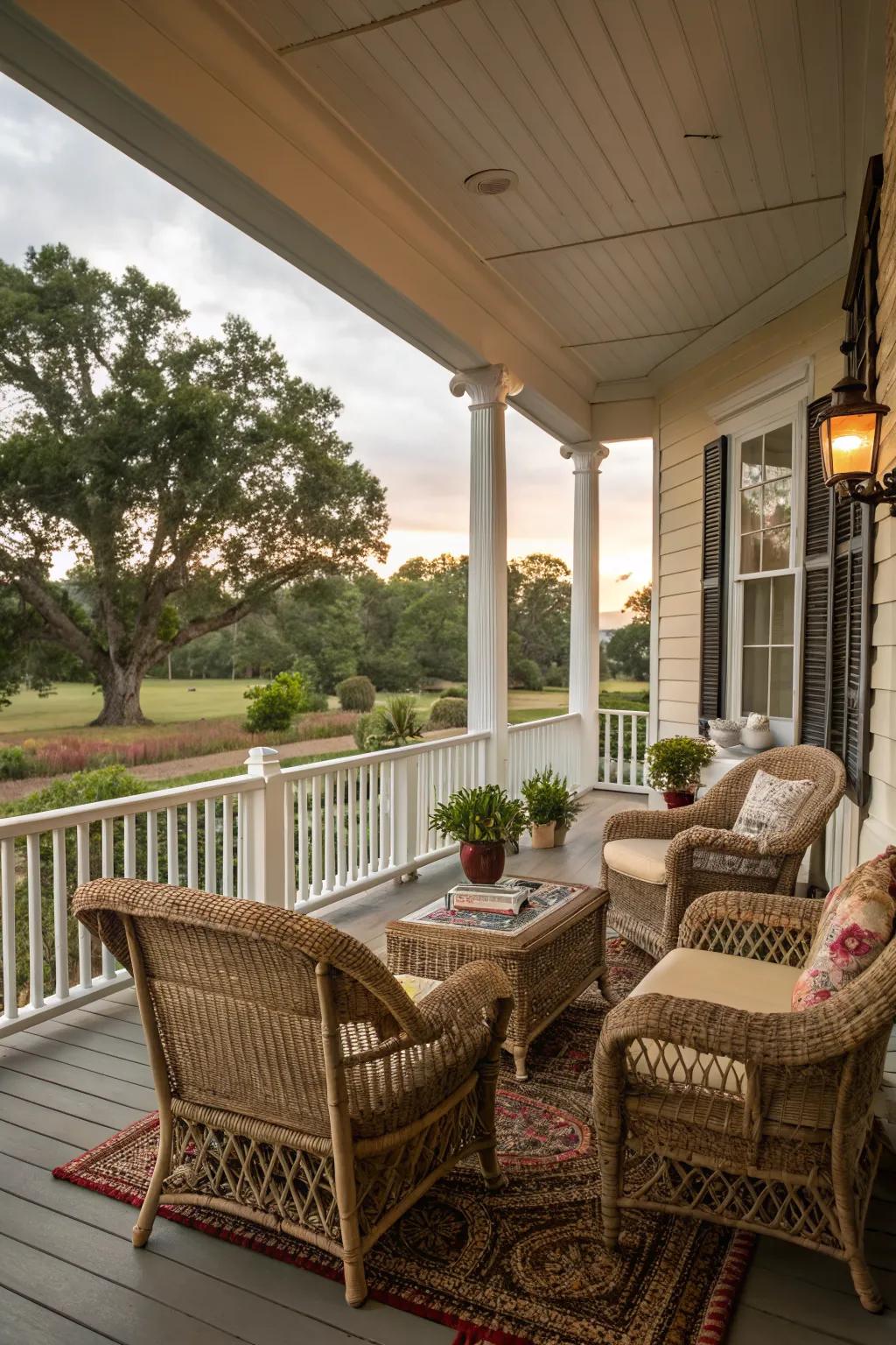 Wicker furniture brings timeless style and comfort to the porch.